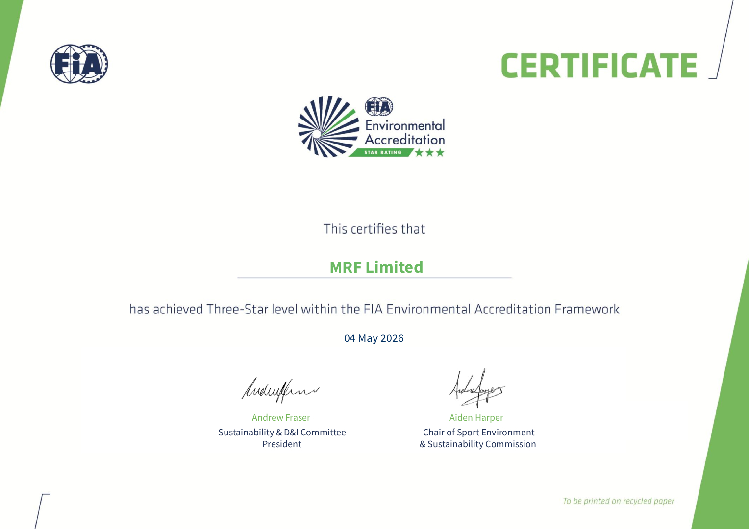 Environmental Accrediation Certificate